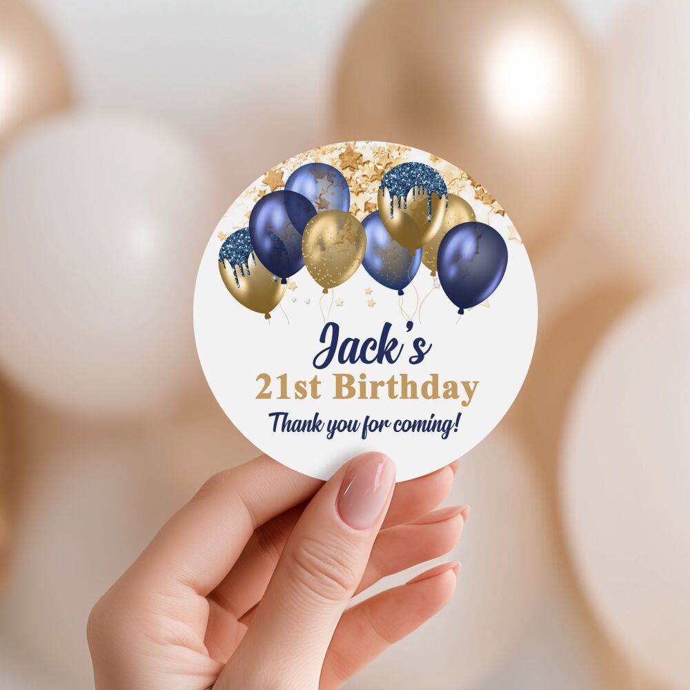 Personalised Stickers Adult Birthday Navy Blue And Gold Balloons