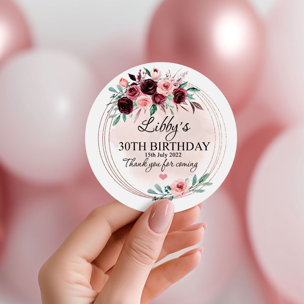 Personalised Stickers Adult Birthday Burgundy Blush Florals