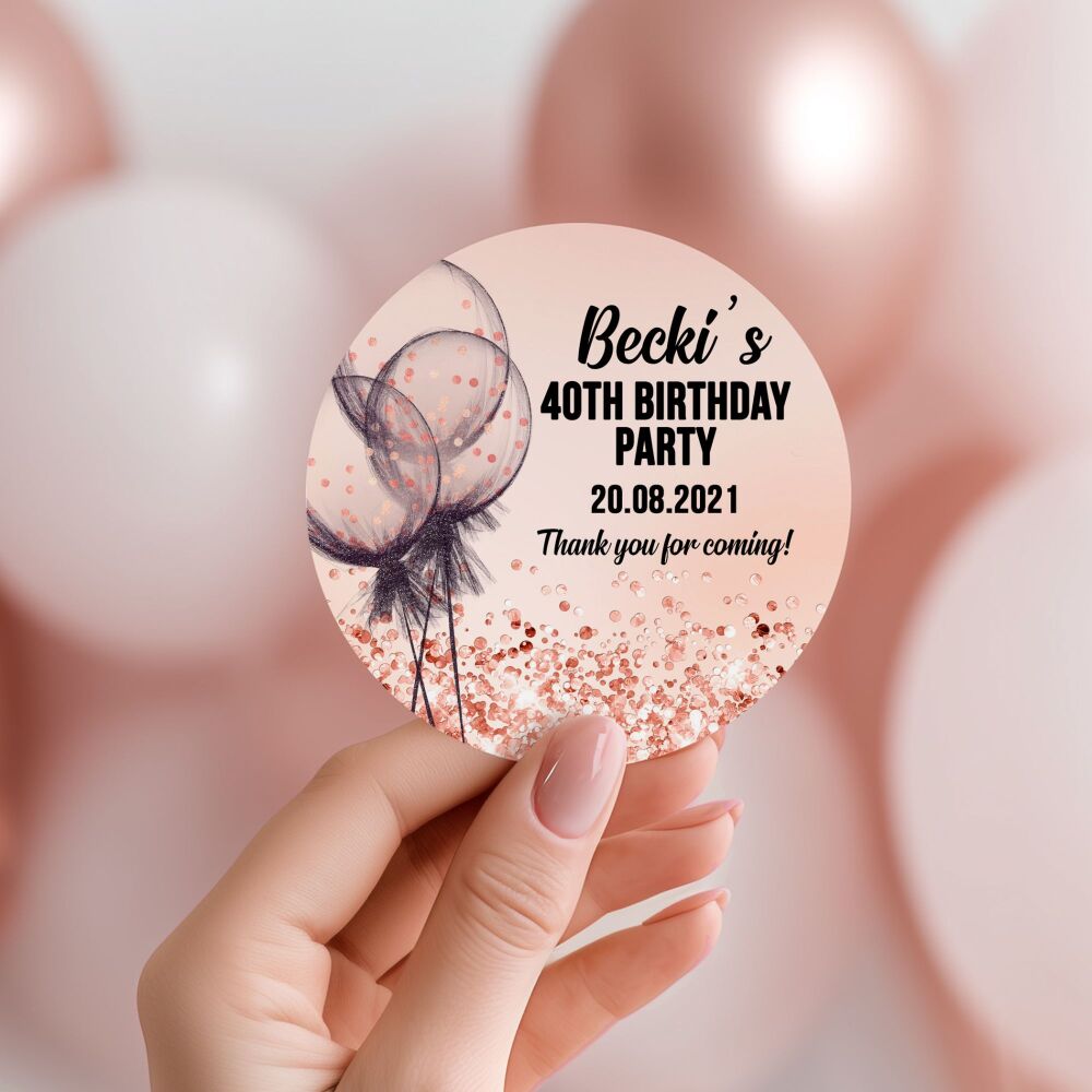 Personalised Stickers Adult Birthday Rose Gold Confetti Balloons