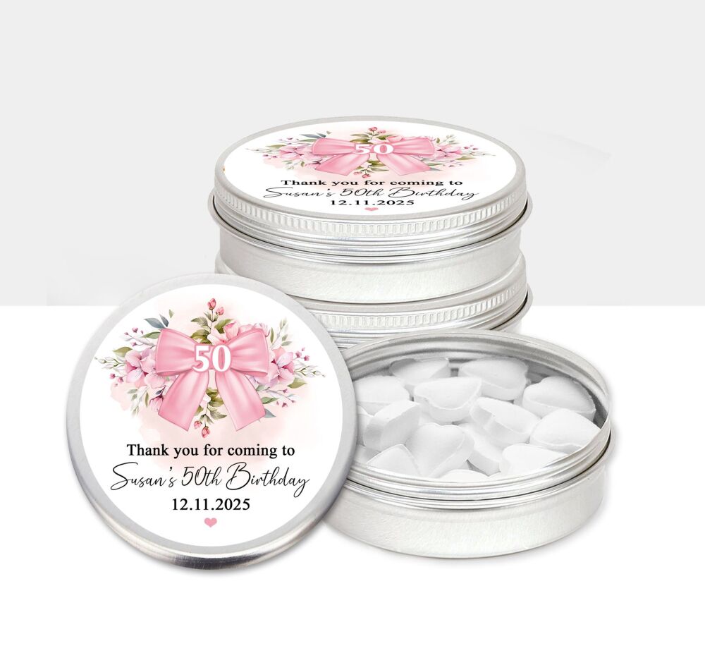 Pink Bow Flowers Birthday Party Favours Tins x1