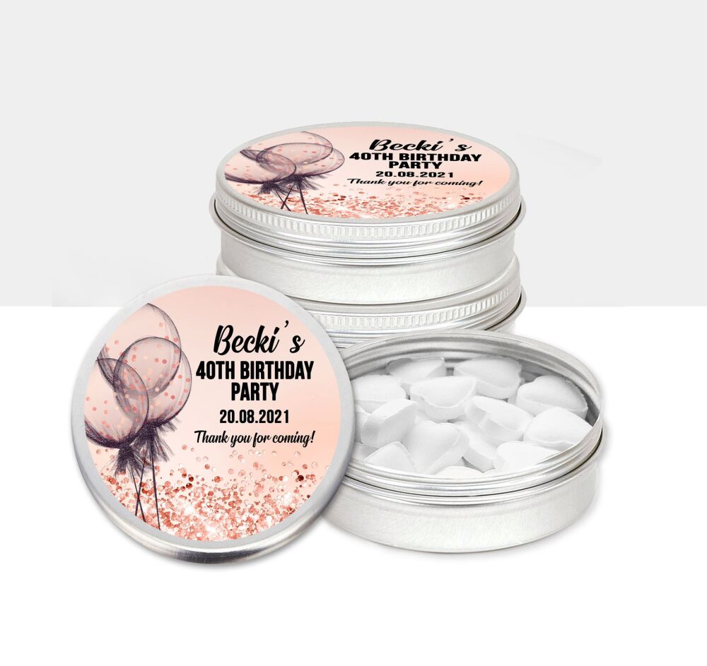 Birthday Party Favours Tins Rose Gold Confetti Balloons x1