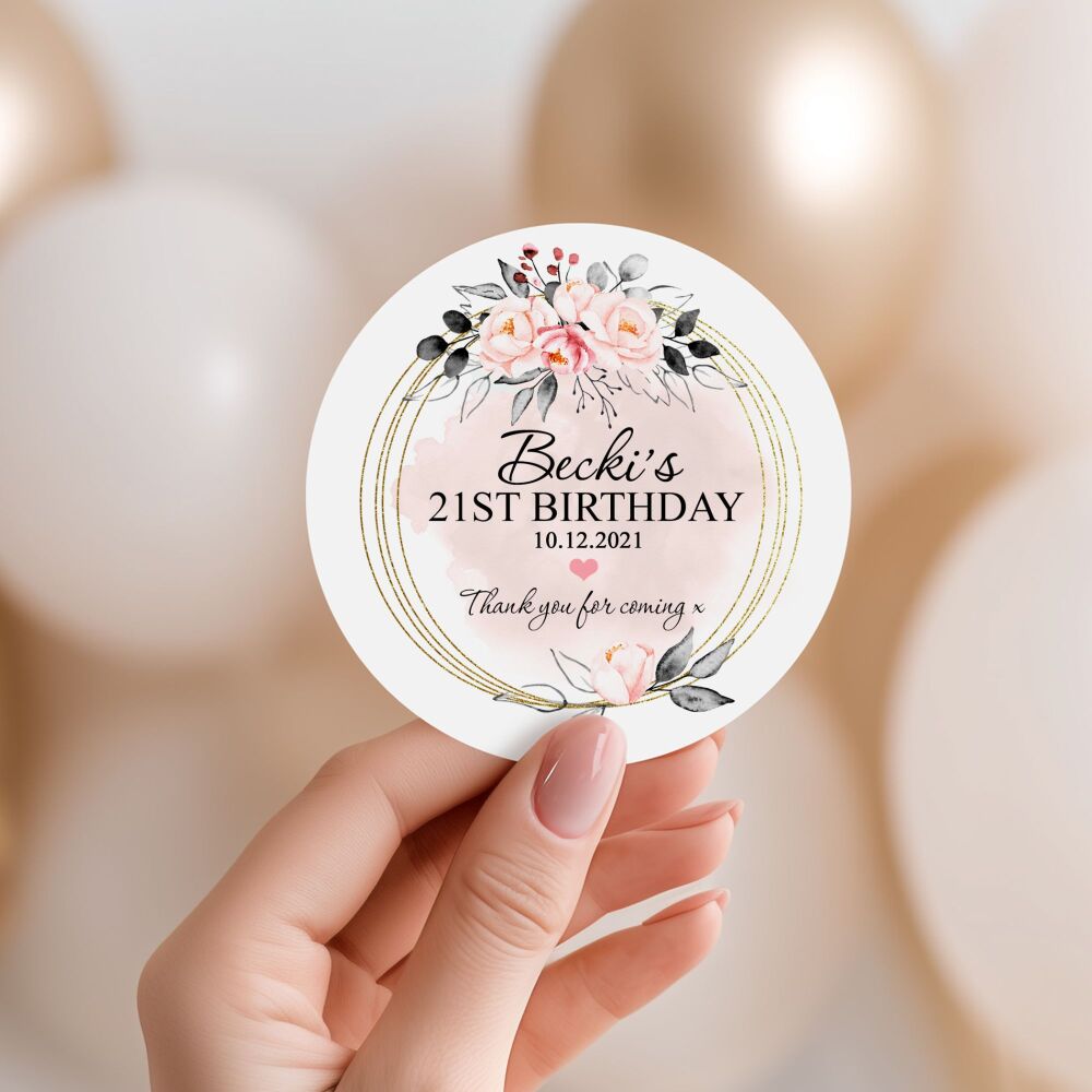 Personalised Stickers Adult Birthday Blush And Grey Floral Frame