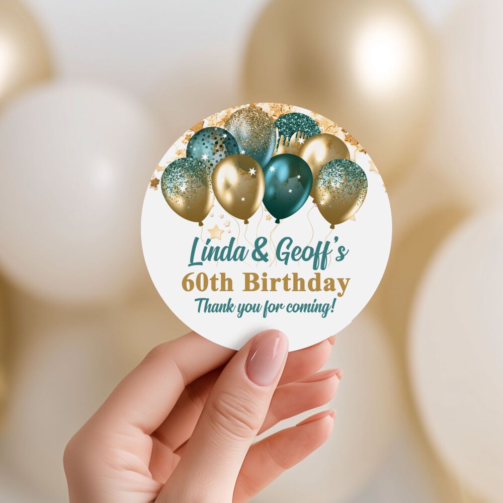 Personalised Stickers Adult Birthday Teal And Gold Balloons