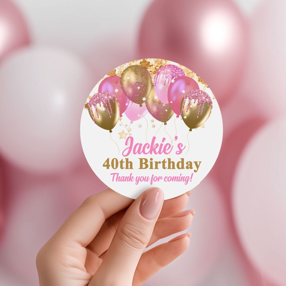 Personalised Stickers Adult Birthday Pink And Gold Balloons