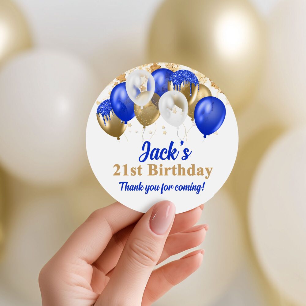 Personalised Stickers Adult Birthday Royal Blue And Gold Balloons