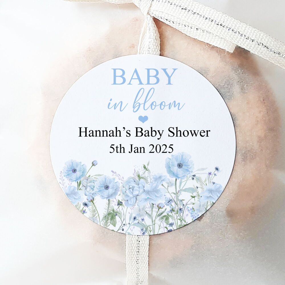 Baby In Bloom Blue Personalised Baby Shower Stickers