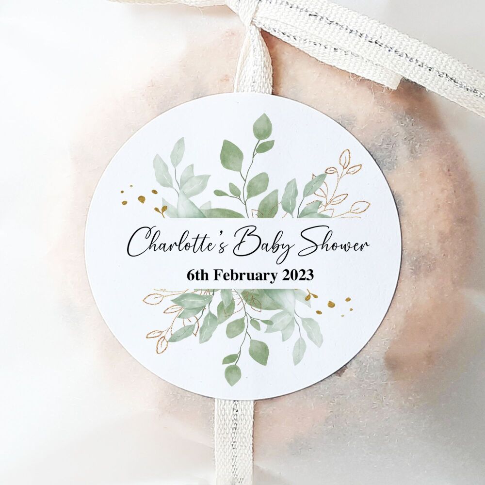 Baby Shower Stickers Favour Labels Botanicals Gold Leaf