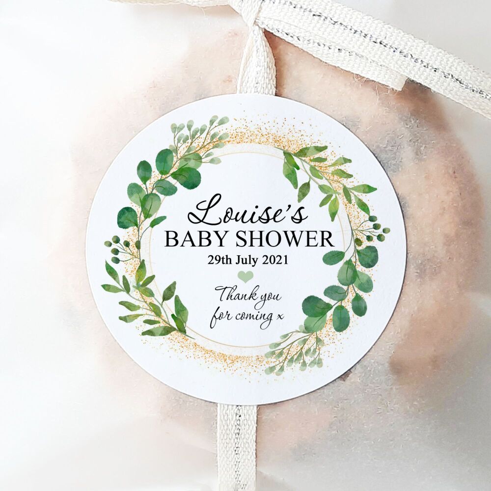Baby Shower Stickers Favour Labels Green Botanicals Gold Dust