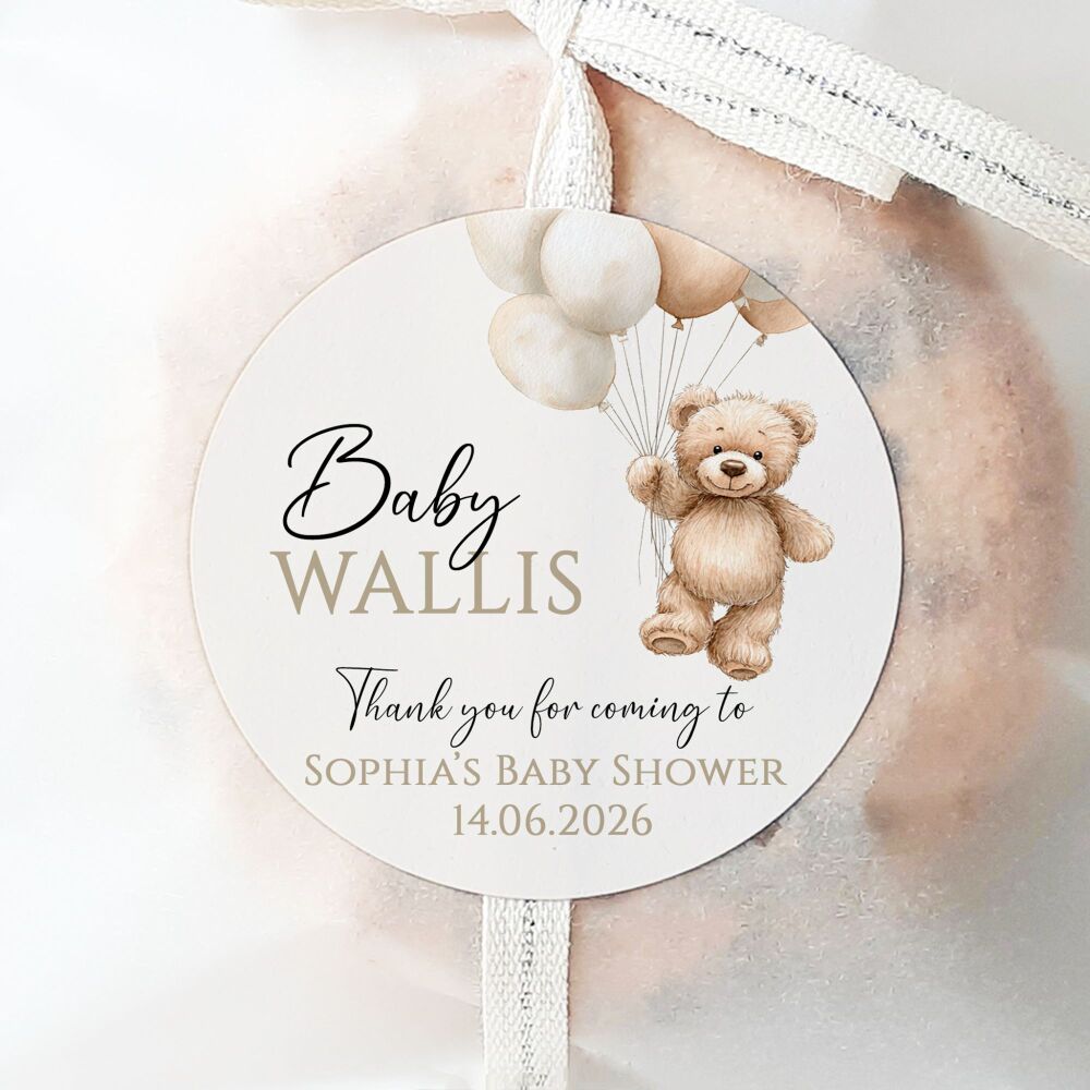 Baby Shower Stickers Neutral Brown Teddy Bear Balloons