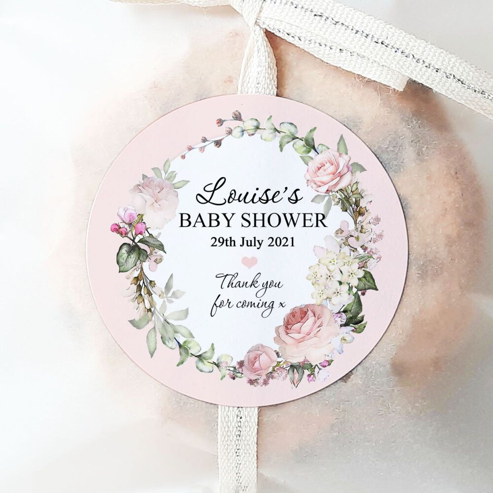 Pink Baby Shower Personalised Stickers Vintage Roses