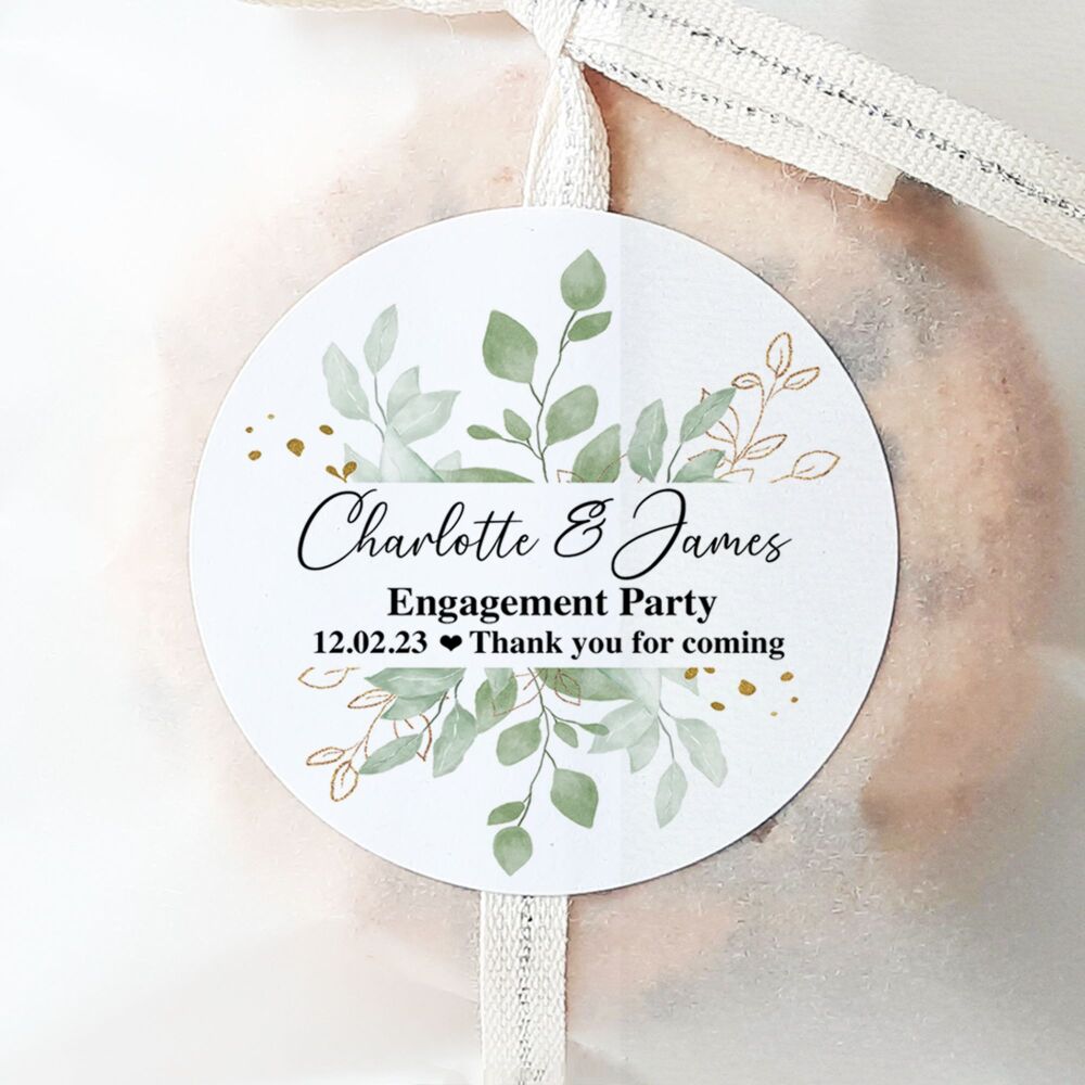 Personalised Engagement Party Stickers Botanicals Gold Leaf