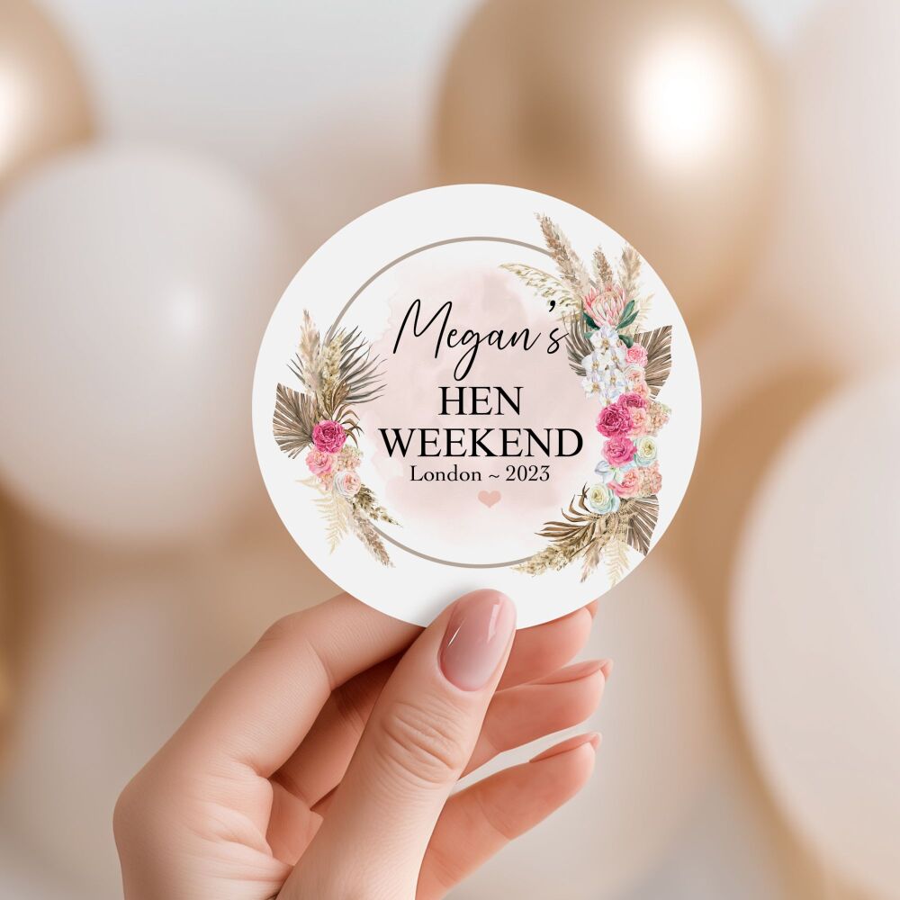 Hen Party Stickers Pink Pampas Floral Frame