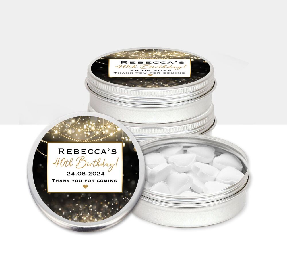 Gold Black Bokeh Birthday Party Favours Tins x1