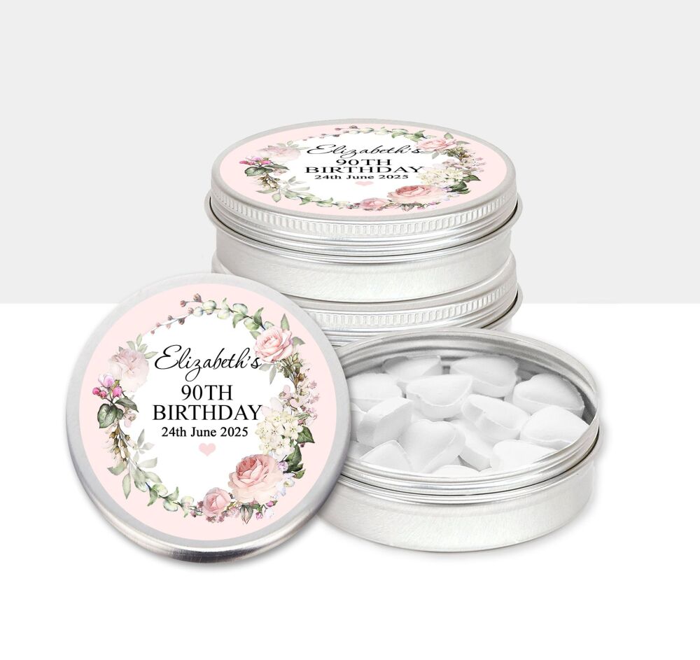 Party favours personalised birthday mint tins pink vintage roses tea party.