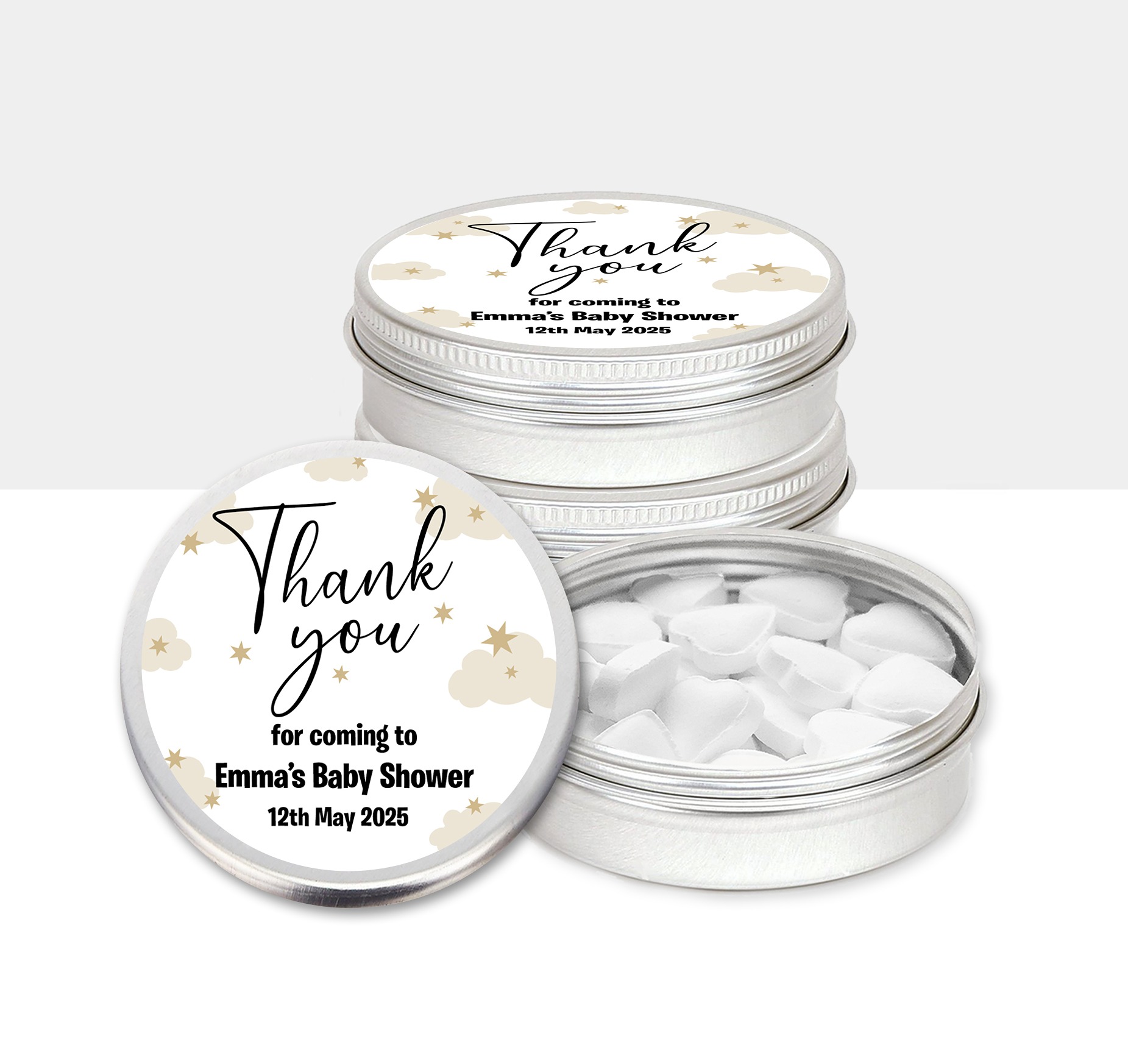 Baby shower party favours mints tins personalised