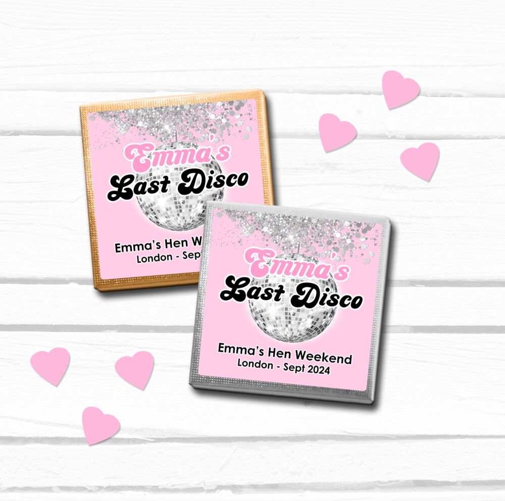 Personalised chocolates for hen parties last disco pink confetti design.