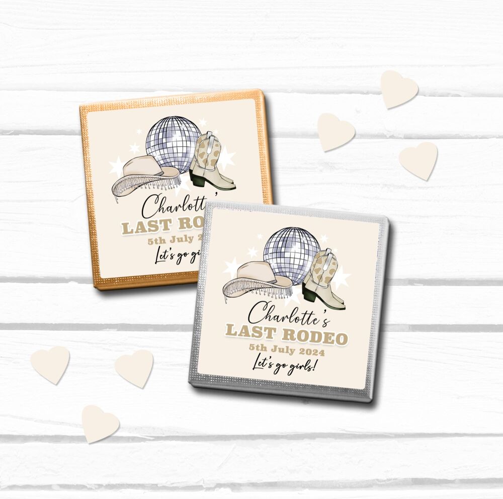 Personalised chocolates favours for hen party beige last rodeo cowgirl disc