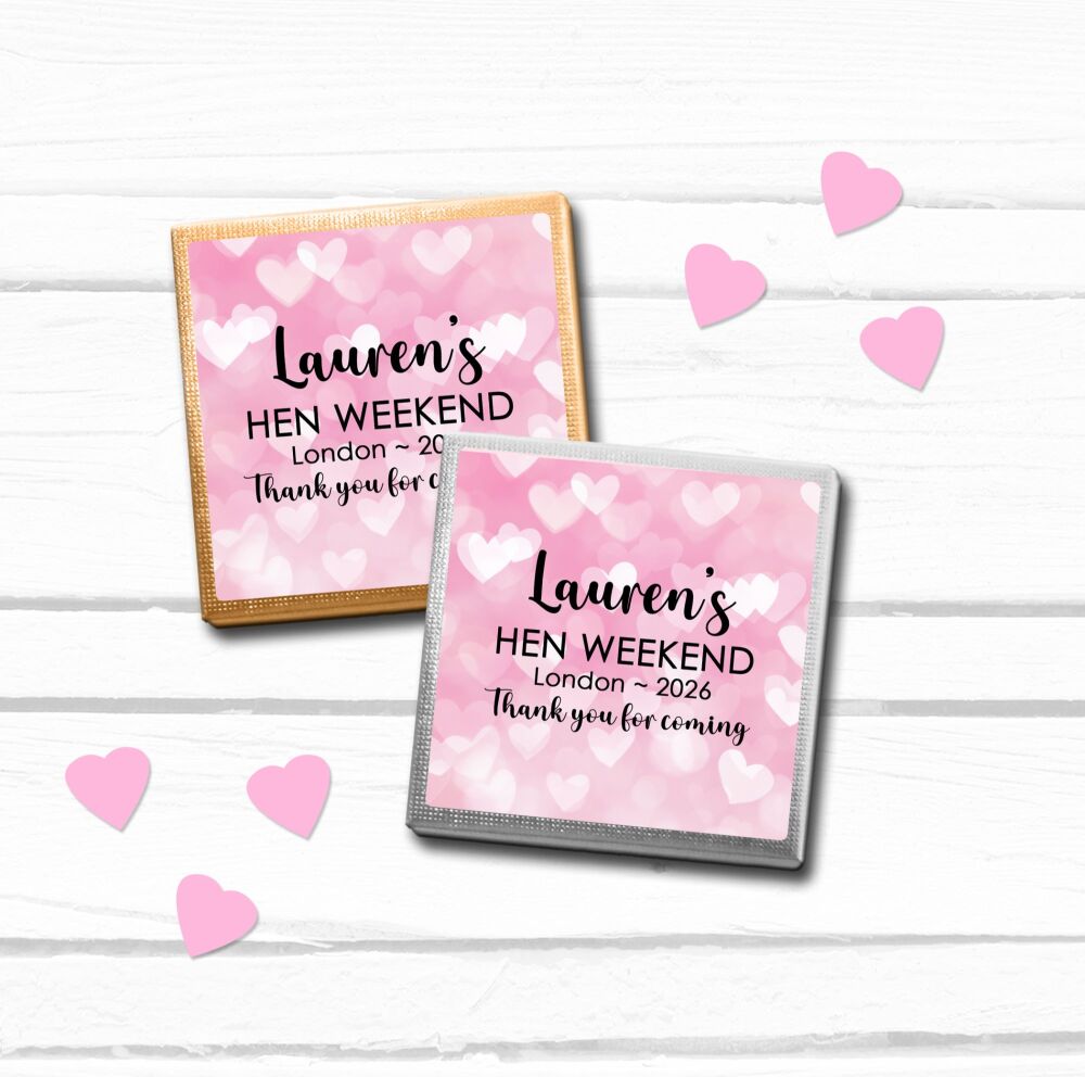 Pink Bokeh Hearts Personalised Hen Party Chocolates x10