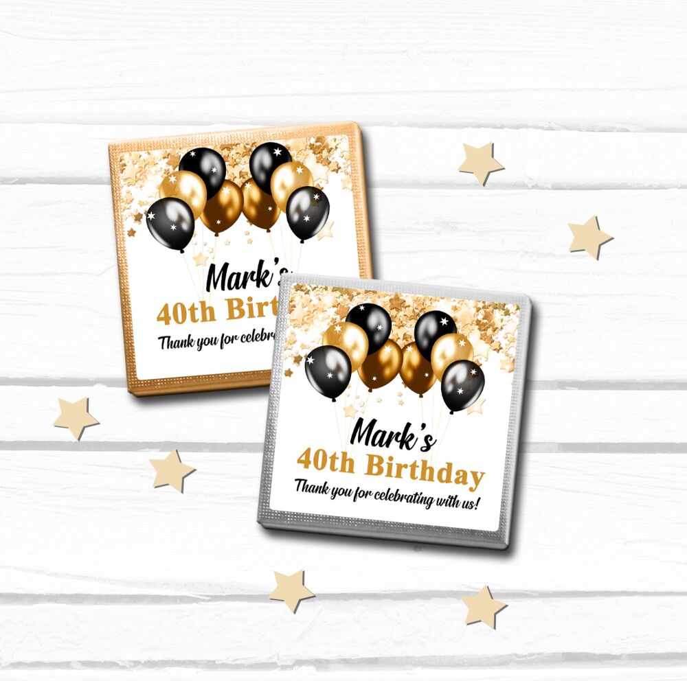 Gold and Black Balloons Birthday Personalised Chocolates x10