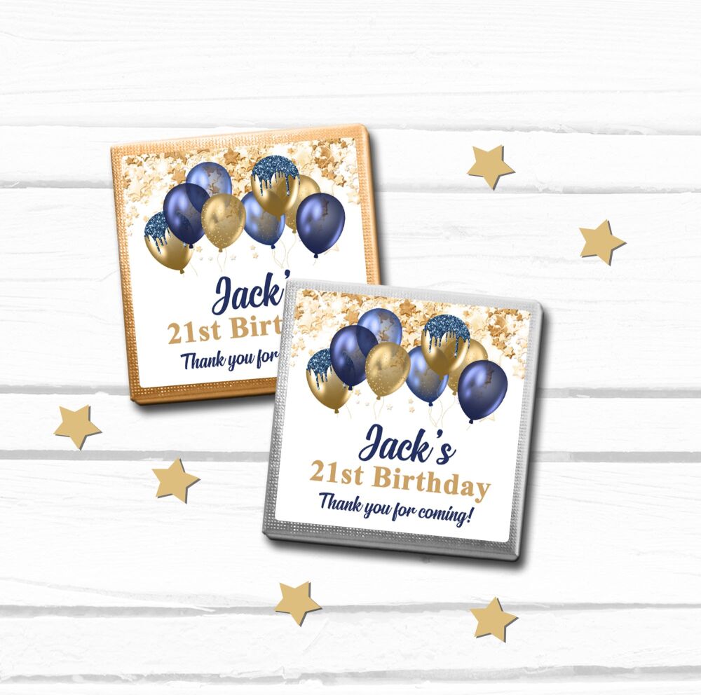 Gold and Navy Blue Balloons Birthday Personalised Chocolates x10