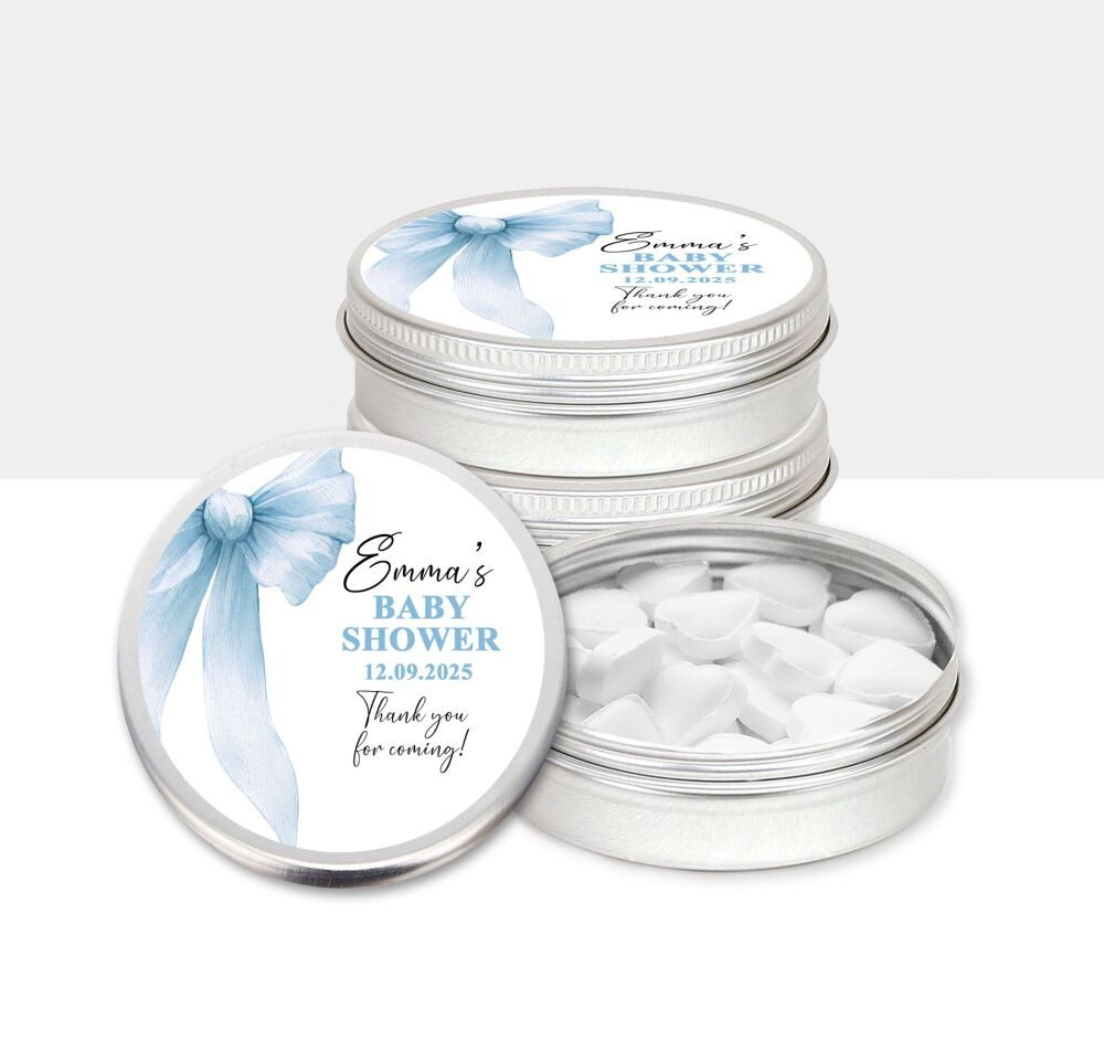Blue Bow Baby Shower Party Favours Tins x1