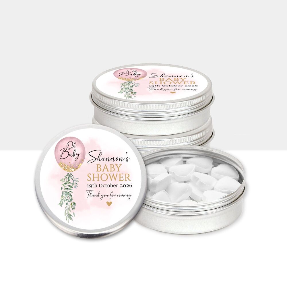 Oh Baby Pink Balloon Baby Shower Party Favours Tins x1