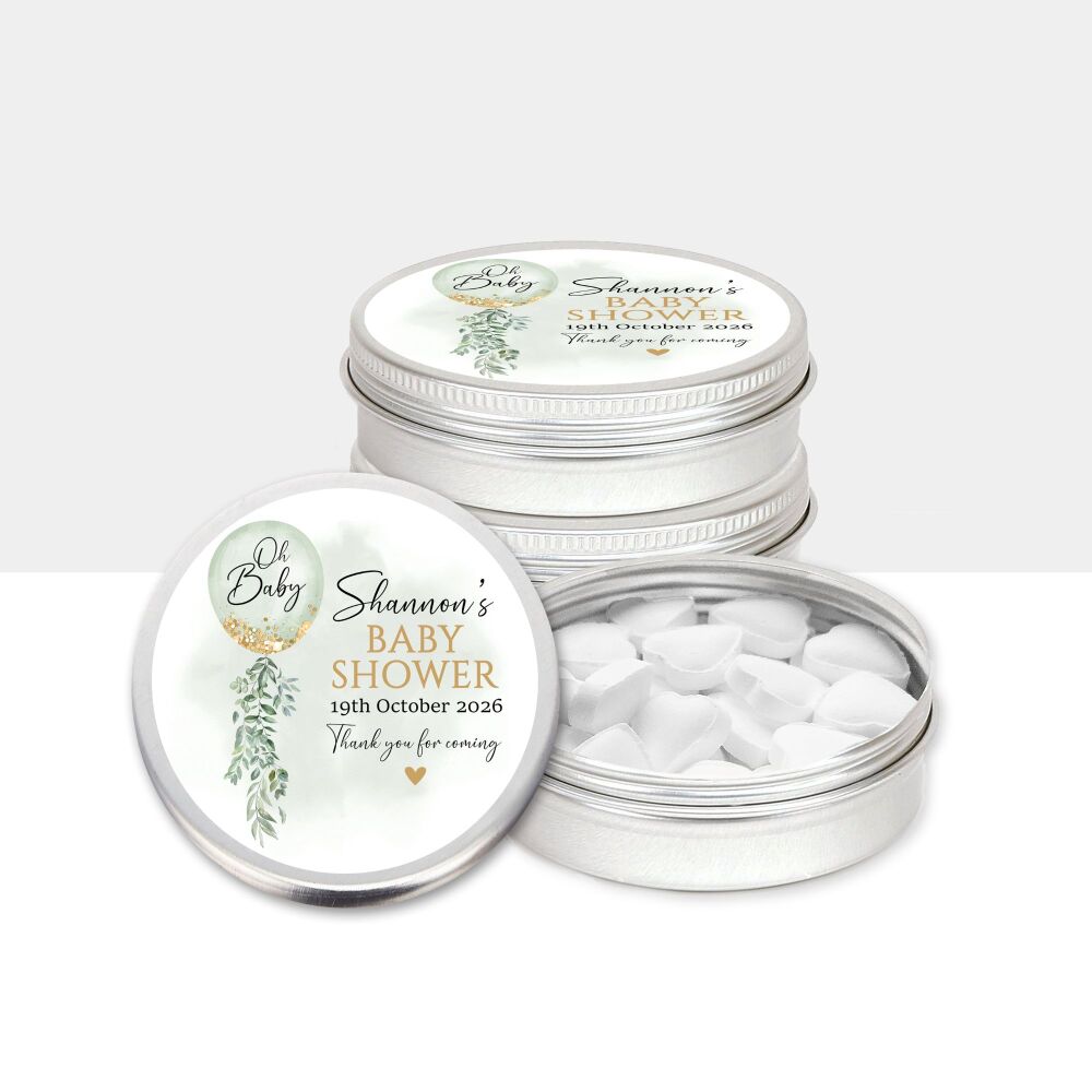 Oh Baby Green Balloon Baby Shower Party Favours Tins x1