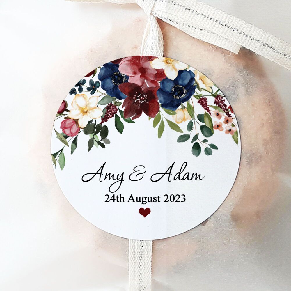 Personalised Wedding Stickers Navy Burgundy Floral Drop