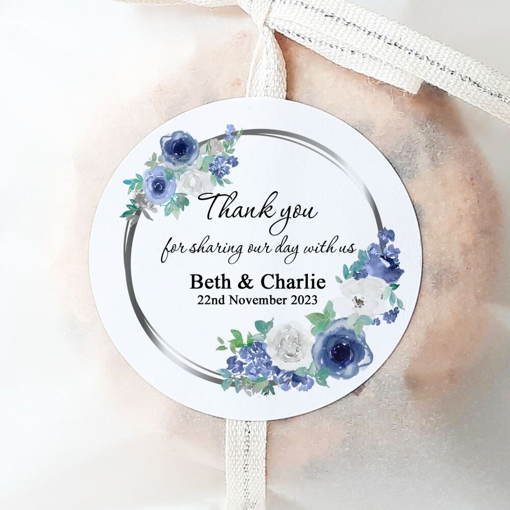 Wedding Favour Stickers Blue & White Floral Frame
