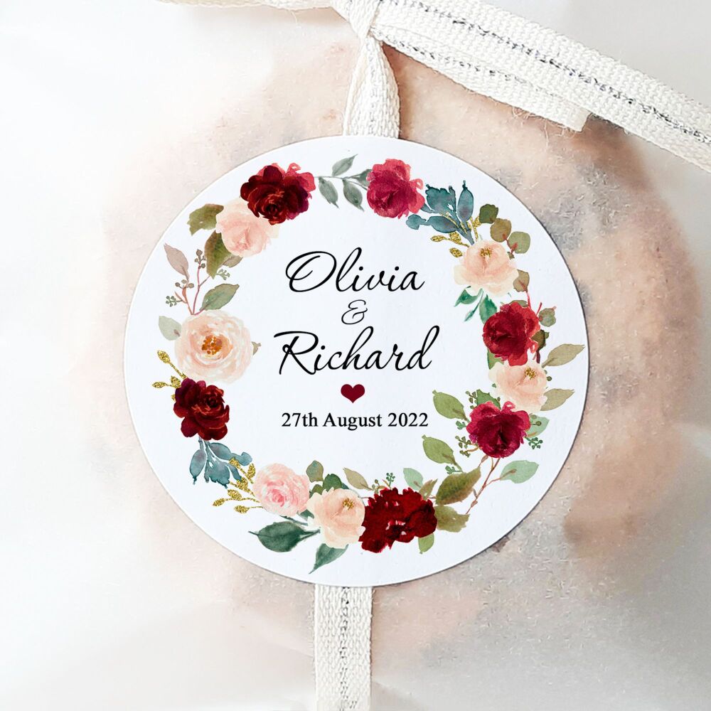 Personalised Wedding Stickers Burgundy Peach Floral Wreath