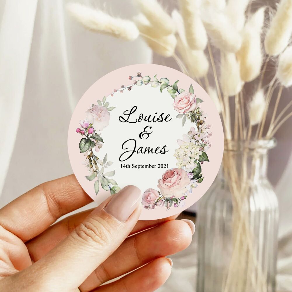 Wedding Favour Stickers Pink Vintage Roses Wreath