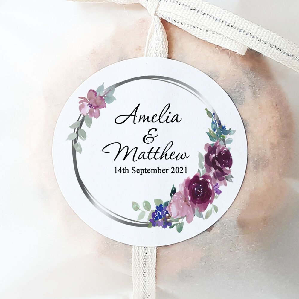 Personalised Wedding Stickers Mauve & Plum Flowers