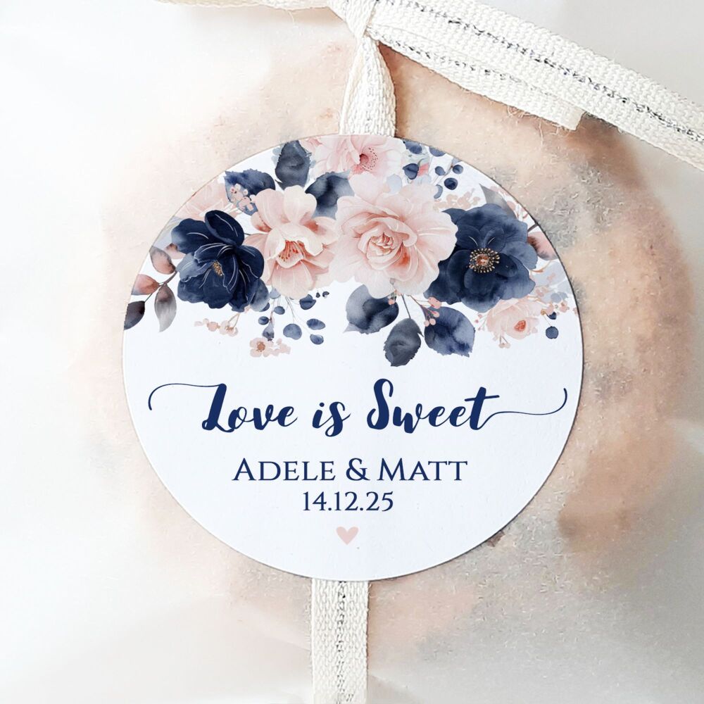 Personalised Wedding Stickers Blush Pink Navy Blue Flowers
