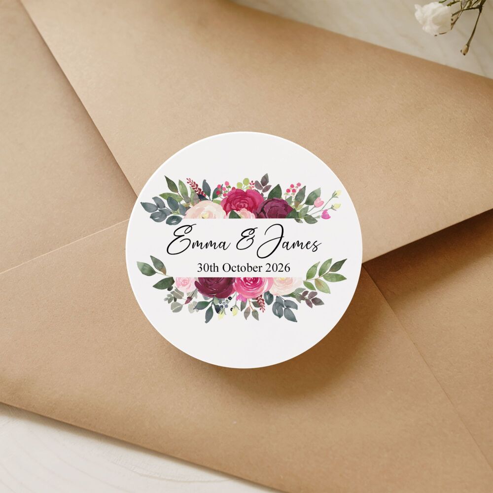 Personalised Wedding Stickers Pink and Burgundy Floral Borders