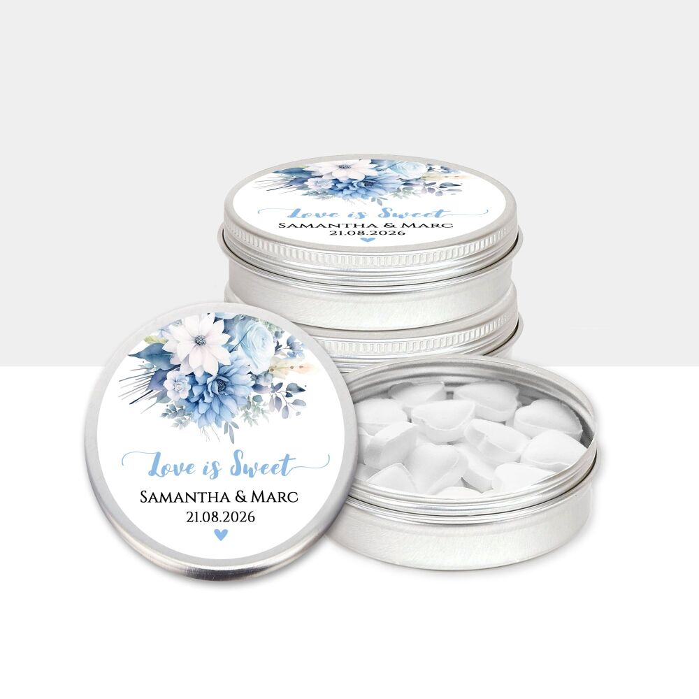 Wedding Favours Personalised Mint Tins Blue Flowers x1