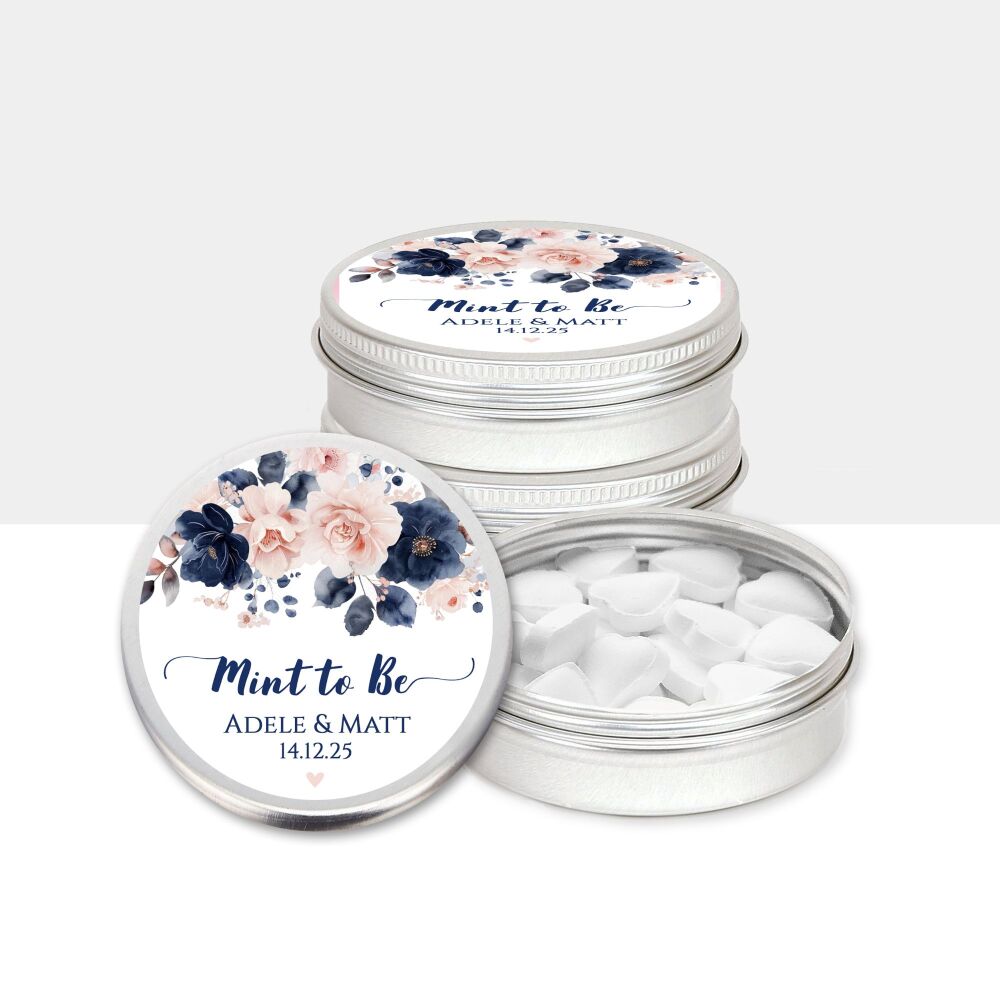 Wedding Favours Personalised Mint Tins Navy Blush Pink Flowers x1