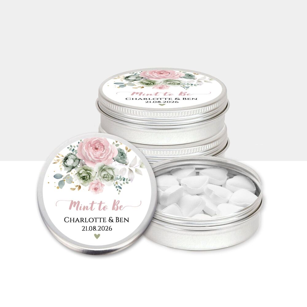 Wedding Favours Personalised Mint Tins Sage Green Blush Pink Flowers x1