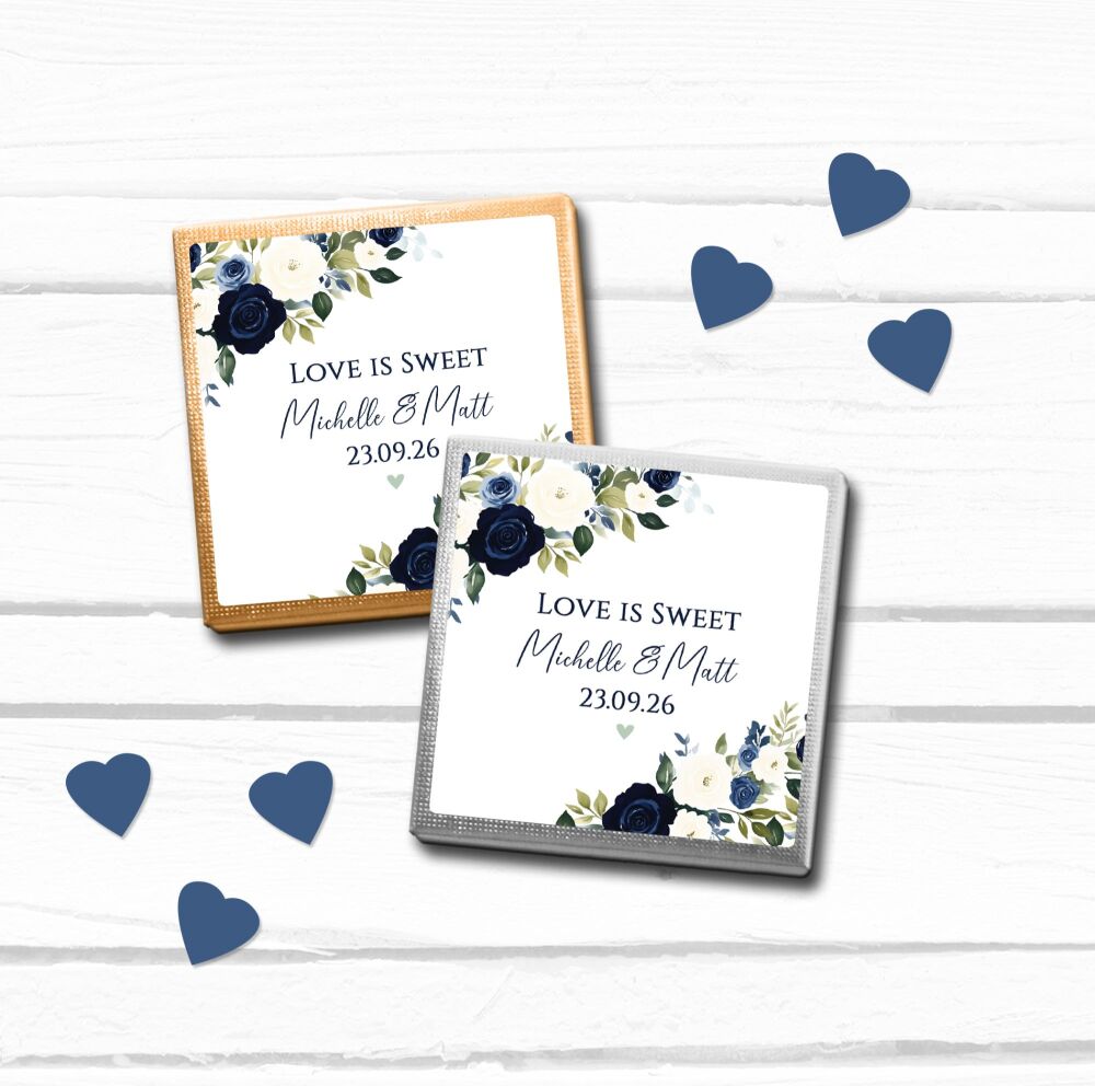 Personalised Wedding Chocolates Navy Ivory Flowers x10