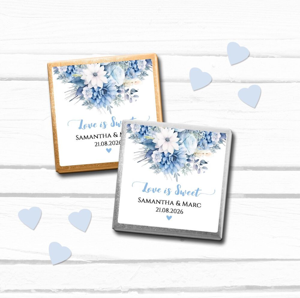 Personalised Wedding Chocolates Light Blue Flowers x10