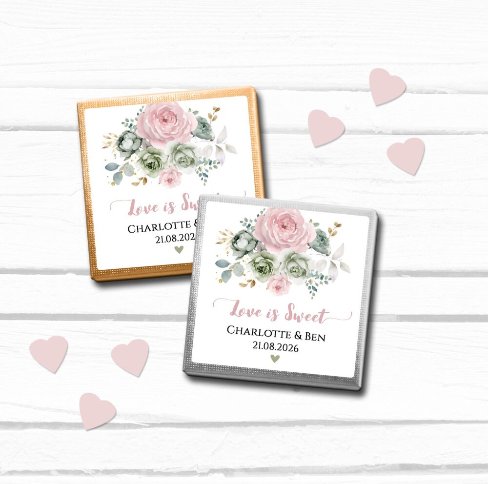 Personalised Wedding Chocolates Sage Green Blush Pink Flowers x10