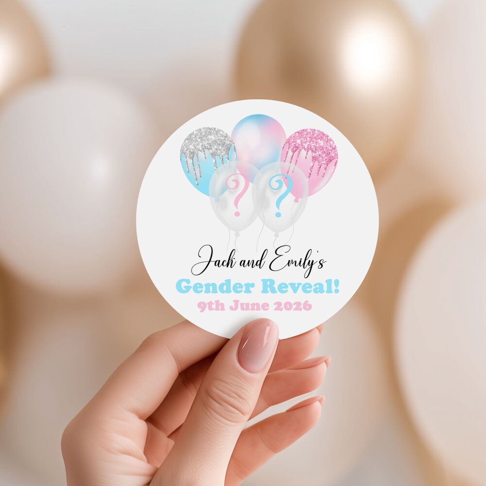 Gender Reveal Stickers Pink Blue Balloons.