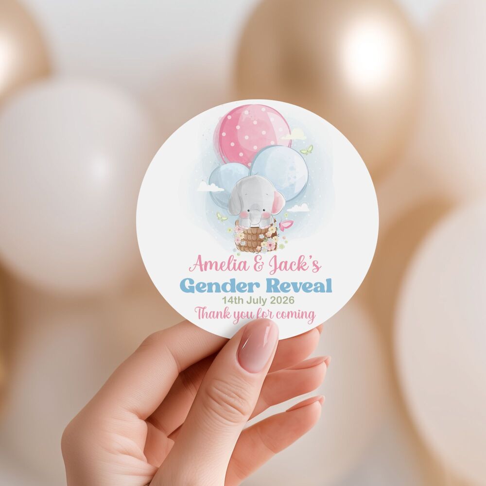 Personalised Gender Reveal Stickers Pink Blue Elephant.