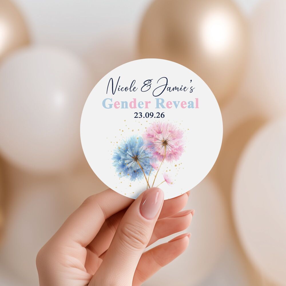 Personalised Gender Reveal Stickers Pink Blue Flowers A4 Sheet x1