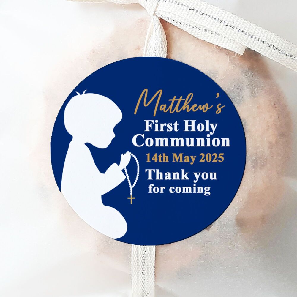 Holy Communion Personalised Stickers Navy Blue Praying Boy