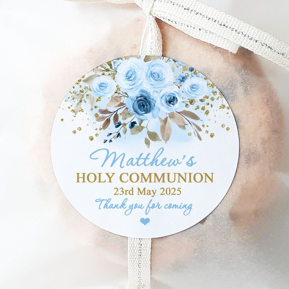 Holy Communion Personalised Stickers Blue Floral Gold Dust