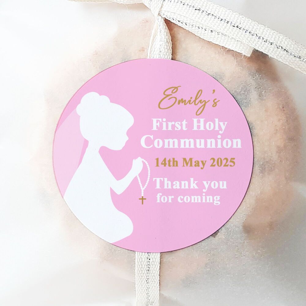 Holy Communion Personalised Stickers Pink Praying Girl Silhouette