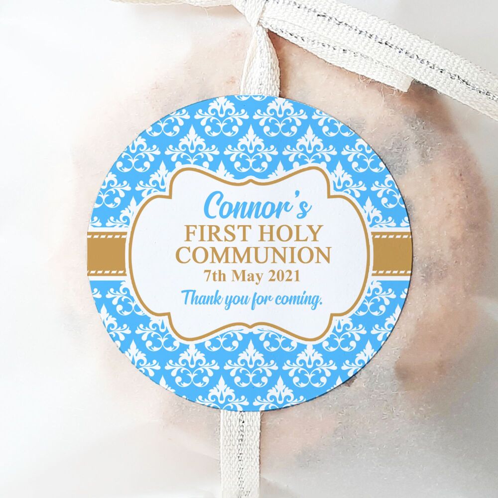 Holy Communion Personalised Stickers Blue Damask