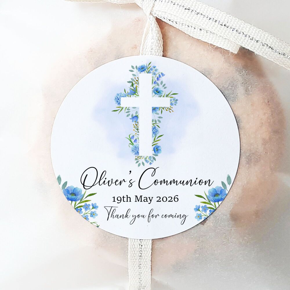 Holy Communion Personalised Stickers Blue Floral Cross
