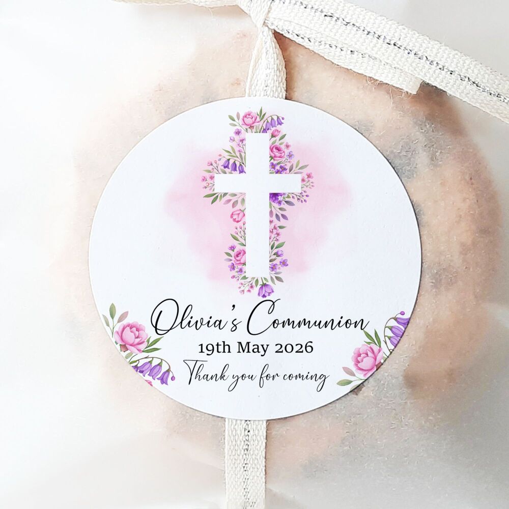 Holy Communion Personalised Stickers Pink Purple Floral Cross