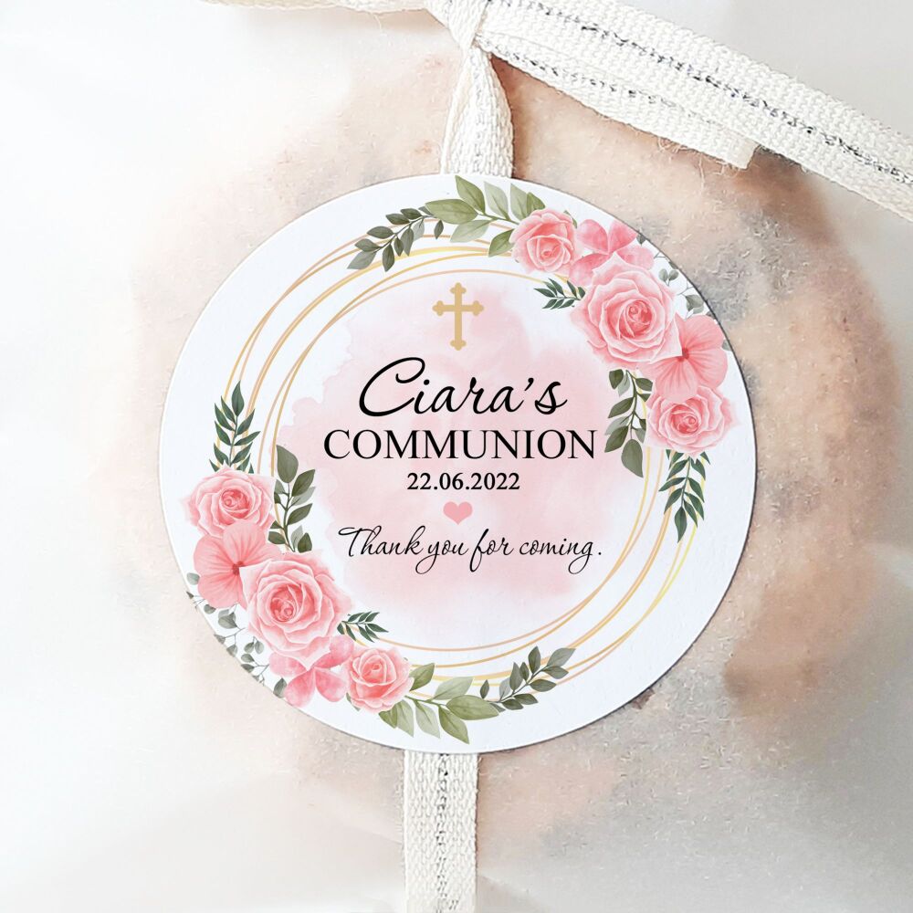 Holy Communion Personalised Stickers Pink Roses Cross